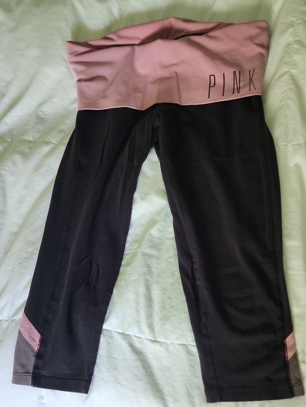PINK Victoria's Secret Black Capri Leggings with Light Pink Foldover Waistband